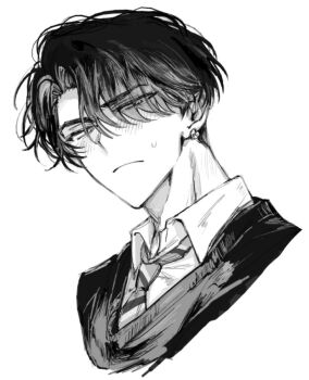Rule 34 | 1boy, blush, character request, closed mouth, collared shirt, commentary request, copyright request, earrings, frown, greyscale, jewelry, looking at viewer, male focus, monochrome, necktie, parted bangs, portrait, school uniform, shirt, short hair, simple background, sketch, solo, striped necktie, sweatdrop, sweater vest, tyoookozuki, upper body, white background