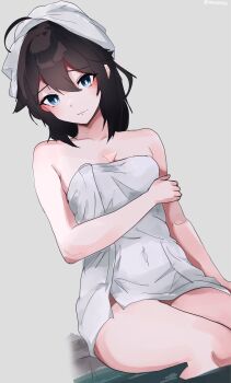 ahoge blue_eyes braid breasts hair_flaps highres kantai_collection long_hair medium_breasts miron_(mirona33) naked_towel partially_submerged shigure_(kancolle) single_braid towel towel_on_head