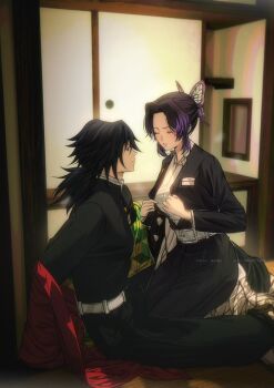 1boy 1girl belt black_hair black_jacket black_pants blue_eyes demon_slayer_uniform highres indoors jacket kimetsu_no_yaiba kochou_shinobu long_hair low_ponytail niku_(ni23ku) pants parted_lips ponytail profile purple_hair sitting teeth tomioka_giyuu undressing white_belt