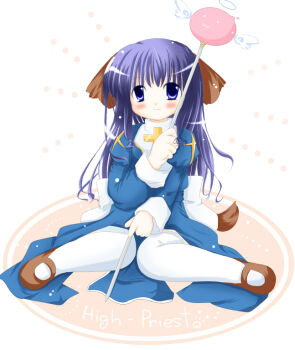 1girl 2000s_(style) alternate_color angeling animal_ears back_bow blue_dress blue_eyes blush bow brown_shoes closed_mouth commentary_request dog_ears dog_girl dog_tail dress full_body high_priest_(ragnarok_online) holding holding_staff koba-p long_hair looking_at_viewer purple_hair ragnarok_online shoes sitting smile solo staff tail thighhighs two-tone_dress wariza white_background white_bow white_dress white_thighhighs