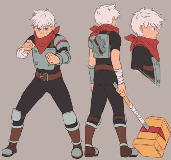 1boy armor bastion belt boots bracer brown_eyes commentary fighting_stance full_body hammer knee_pads looking_at_viewer male_focus mefomefo multiple_views neckerchief profile short_hair simple_background the_kid_(bastion) white_hair