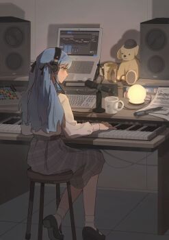 1girl absurdres artist_request bang_dream! bang_dream!_it&#039;s_mygo!!!!! black_ribbon blue_hair character_doll chinese_commentary closed_mouth commentary_request commission computer doll grey_skirt hair_ribbon headphones highres instrument keyboard_(instrument) laptop long_hair long_sleeves microphone misumi_uika ribbon second-party_source sheet_music shirt sitting skirt speaker stuffed_animal stuffed_dog stuffed_toy togawa_sakiko two_side_up white_shirt yellow_eyes