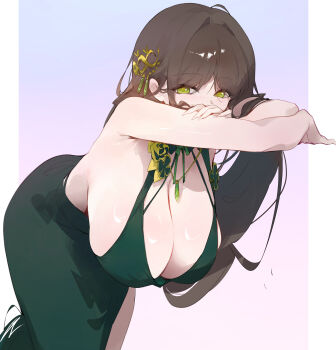 1girl absurdres ahoge arm_support backless_dress backless_outfit bare_shoulders bent_over black_survival border breasts brown_hair dokshuri dress eternal_return:_black_survival gem gradient_background green_dress green_eyes green_gemstone gweon_sua gweon_sua_(1st_anniversary) hair_ornament halterneck highres huge_breasts jewelry long_hair necklace official_alternate_costume purple_background sleeveless sleeveless_dress solo white_border