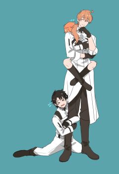 Rule 34 | > <, 1girl, 2boys, ahoge, alternate costume, black gloves, black hair, black pants, blue background, boots, chaldea logo, chaldea uniform, closed eyes, closed mouth, coat, commentary, fate/grand order, fate (series), flying sweatdrops, fujimaru ritsuka (female), fujimaru ritsuka (female) (decisive battle chaldea uniform), fujimaru ritsuka (male), fujimaru ritsuka (male) (decisive battle chaldea uniform), full body, gloves, hair over shoulder, hand on own chin, highres, hug, hugging another's leg, jacket, knee boots, leg lock, long hair, long sleeves, low ponytail, multiple boys, open mouth, orange hair, pants, ponytail, romani archaman, short hair, simple background, smile, standing, standing leg lock, tearing up, tenoteno syumi, wavy mouth, white coat, white jacket, white pants