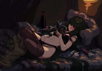 1girl abs absurdres bed black_hair black_panties bottle bra breasts chaoshound commentary english_commentary glass_bottle groin highres leg_warmers lingerie long_hair lying manga_(object) masturbation medium_breasts navel new_year on_back on_bed original panties pantyhose pillow reading solo thighs underwear very_long_hair