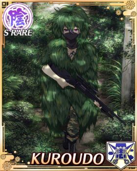 1girl black_mask border breasts camouflage camouflage_pants card_(medium) dappled_sunlight english_text forest game_cg ghillie_suit gun holding holding_gun holding_weapon kunai_hair_ornament kuroudo_(senran_kagura) large_breasts mask medium_hair messy_hair mouth_mask nature non-web_source official_alternate_costume official_art pants purple_eyes purple_hair rifle scope senran_kagura senran_kagura_new_wave sniper_rifle solo sunlight weapon