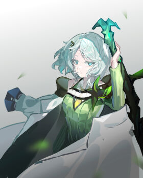 Rule 34 | 1girl, ahiruuyew, arknights, blue eyes, closed mouth, coat, command:meltdown (e.g.o), commentary request, e.g.o (project moon), expressionless, faust (project moon), green sweater vest, hand up, highres, holding, holding sword, holding weapon, lab coat, limbus company, looking at viewer, project moon, short hair, solo, sweater vest, sword, weapon, white coat, white hair, zweihander