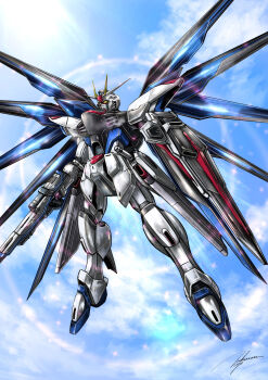 absurdres beam_rifle blue_sky commentary energy_gun flying freedom_gundam glowing gun gundam gundam_seed highres holding holding_gun holding_weapon mecha mecha_focus mechanical_wings mobile_suit no_humans robot science_fiction shield sky solo v-fin walkon3310 weapon wings yellow_eyes