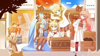 1boy 4girls absurdres black_jacket black_skirt blonde_hair blue_eyes blue_hair blue_necktie boots cat commentary drill_hair food hair_ornament hatsune_miku highres holding holding_food jacket kagamine_len kagamine_rin kasane_teto long_hair long_sleeves megurine_luka mido_(gomachaxx) miniskirt multiple_girls neck_ribbon necktie open_clothes open_jacket pink_hair pleated_skirt rabbit_pose red_hair red_ribbon ribbon sandwich shirt sitting skirt symbol-only_commentary thigh_boots twin_drills twintails utau very_long_hair vocaloid white_jacket white_shirt white_skirt