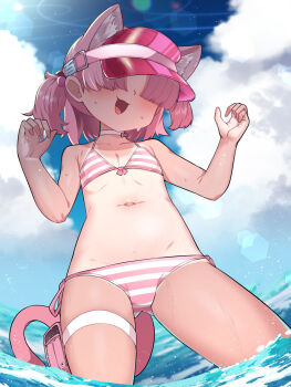 1girl :3 :d amagaeru_(hylathewet) animal_ear_fluff animal_ears bikini blue_archive blue_sky bow bow_choker cat_ears cat_girl cat_tail chlorella_observation_club_member_(blue_archive) chlorella_observation_club_member_(swimsuit)_(blue_archive) choker cloud extra_ears faceless faceless_female flat_chest hair_bobbles hair_ornament hair_over_eyes highres in_water legband loli multicolored_bikini navel no_halo official_alternate_costume one-piece_tan open_mouth pink_bikini pink_hair short_hair side-tie_bikini_bottom sky smile solo striped_bikini striped_clothes swimsuit tail tan tanline two-tone_bikini two_side_up visor_cap water white_bikini white_choker