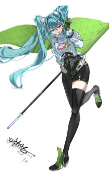1girl absurdres aqua_eyes aqua_hair arm_behind_back asymmetrical_legwear black_bodysuit black_gloves black_thighhighs bodysuit commentary_request covered_navel flag full_body gloves goodsmile_company goodsmile_racing hair_between_eyes hair_ornament hatsune_miku highres holding holding_flag jacket long_hair looking_at_viewer open_mouth racing_miku racing_miku_(2022) sakura_no_ha shadow signature simple_background single_thighhigh solo thighhighs twintails very_long_hair vocaloid white_background white_jacket