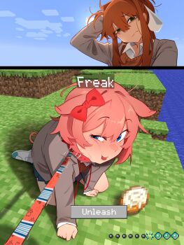 2girls :/ absurdres all_fours animal_ears blue_eyes blue_sky blush bow brown_jacket cloud doki_doki_literature_club doki_doki_literature_club_school_uniform english_text game_screenshot_background grass grass_block hair_bow hair_ribbon heads-up_display highres jacket khyle. lapels leash leash_pull looking_at_another looking_at_viewer minecraft monika_(doki_doki_literature_club) multiple_girls notched_lapels orange_vest pig_ears pig_tail pink_hair red_bow ribbon sayori_(doki_doki_literature_club) school_uniform screenshot_background short_hair sky sun sweet_roll tail tongue tongue_out user_interface vest viewer_holding_leash white_ribbon