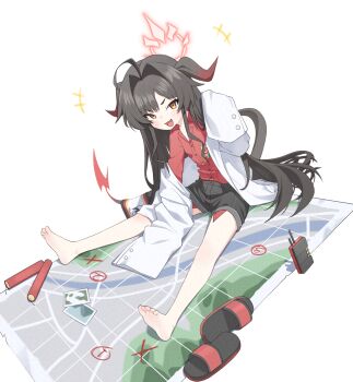 1girl absurdres adversarial_noise ahoge barefoot black_shorts blue_archive dynamite explosive fang feet halo highres horns kasumi_(blue_archive) looking_at_viewer map open_mouth red_halo red_shirt sandals shirt shorts simple_background sleeves_past_fingers sleeves_past_wrists soles solo tail toes ugaaaa1 unworn_sandals white_background yellow_eyes