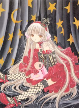 00s 1girl bare_shoulders black_thighhighs blonde_hair brown_eyes chii chobits choker clamp crescent crown curtains dress female_focus fishnet_thighhighs fishnets freya freya_(chobits) hair_spread_out hair_tubes hat high_heels highres lace lace-trimmed_legwear lace_trim layered_dress long_hair looking_at_viewer parted_lips red_shoes scan shoes sitting solo spoilers star_(symbol) star_print stuffed_animal stuffed_toy thighhighs very_long_hair