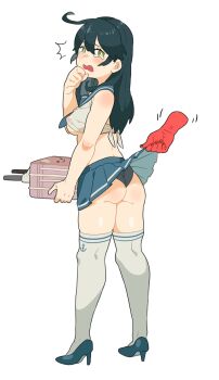1girl ahoge anchor_symbol ass black_hair blue_sailor_collar blue_shoes blue_skirt blush breasts clothes_lift covered_erect_nipples crop_top disembodied_hand emu_(eomou) hair_between_eyes hand_to_own_mouth high_heels highres holding kantai_collection lifting_another's_clothes long_hair looking_back open_mouth panties pleated_skirt sailor_collar see-through_clothes shoes simple_background skirt skirt_lift sleeveless solo standing tears thighhighs underwear ushio_(kancolle) wedgie white_background white_thighhighs yellow_eyes