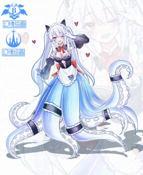 1girl absurdres apron breasts character_charm charm_(object) cleavage commentary_request detached_collar detached_sleeves frilled_apron frills full_body genkyopainting hair_between_eyes hat heart highres large_breasts maid maid_apron maid_headdress monster_girl one_eye_closed open_mouth original pointy_ears puffy_short_sleeves puffy_sleeves red_eyes red_ribbon ribbon scylla see-through_clothes see-through_sleeves short_sleeves signature smile solo suction_tentacles tentacles thigh_strap twintails unconventional_maid waist_apron watermark white_apron white_background white_hair zoom_layer