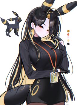 1girl absurdres ahoge animal_ears artist_name black_gloves black_hair black_skirt black_sweater blonde_hair brown_eyes closed_mouth cowboy_shot dot_nose earrings extra_ears gen_2_pokemon gloves half-closed_eyes hand_up haze_(7h4ze) highres id_card jewelry lanyard long_sleeves looking_at_viewer miniskirt mole mole_under_eye multicolored_hair nintendo original personification pokemon pokemon_(creature) reference_inset simple_background skirt sweater tail two-tone_hair umbreon white_background