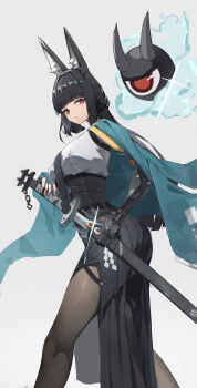 1girl absurdres animal_ear_fluff animal_ears black_gloves black_hair black_necktie black_pantyhose blunt_bangs cowboy_shot dress fingerless_gloves fox_ears fox_girl from_side gauntlets gloves green_jacket grey_background highres holding holding_sword holding_weapon hoshimi_miyabi jacket long_hair looking_at_viewer md5_mismatch mou5_ji3mei6 necktie pantyhose parted_lips red_eyes resolution_mismatch shirt sidelocks simple_background single_fingerless_glove solo source_smaller sword tailless_(zenless_zone_zero) weapon white_shirt zenless_zone_zero