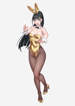1girl animal_ears bare_shoulders black_bow black_bowtie black_hair blush bow bowtie breasts brown_pantyhose cleavage commentary_request detached_collar fake_animal_ears full_body gold_leotard gold_shoes grey_background high_heels highres leotard long_hair looking_at_viewer medium_breasts mole mole_under_eye open_mouth original pantyhose playboy_bunny ponytail rabbit_ears shoes simple_background solo strapless strapless_leotard wrist_cuffs yuuji_(and)