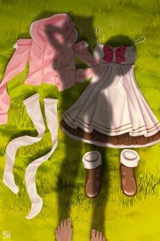 absurdres ayunda_risu clothes_focus clothes_on_floor dressed_shadow_(meme) grass highres hololive hololive_indonesia implied_nudity kud4rt meme pov_shadow shadow shoes socks tail unworn_clothes virtual_youtuber