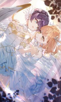 Rule 34 | 2girls, absurdres, alt text, angel, angel wings, bare shoulders, behind another, blue eyes, blurry, blurry foreground, braid, breasts, chromatic aberration, cleavage, commentary, crown braid, detached collar, dkou, dress, ether aria (love live!), eye contact, grabbing another's hand, green eyes, hand on another's shoulder, highres, hinoshita kaho, link! like! love live!, looking at another, love live!, making-of available, medium hair, multiple girls, murano sayaka, off-shoulder dress, off shoulder, official alternate costume, orange hair, parted lips, purple hair, short dress, short hair, single mechanical wing, small breasts, strapless, strapless dress, virtual youtuber, white background, white dress, white wings, wings, yuri