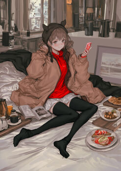 1girl absurdres apartment barefoot bed bed_sheet bedroom black_thighhighs blanket blush brown_coat brown_eyes brown_hair cellphone cityscape coat coffee_pot counter female_focus food highres holding holding_phone indoors knit_hat lm7_(op-center) long_hair magazine_(object) on_bed open_clothes open_coat original phone picture_frame red_shirt shirt sitting skirt smile solo thighhighs white_skirt window