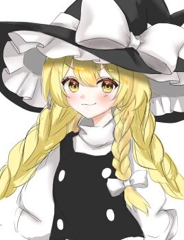 Rule 34 | 1girl, alternate hairstyle, black hat, black vest, blonde hair, bow, braid, closed mouth, commentary request, hair bow, hat, hat bow, highres, kirisame marisa, long hair, long sleeves, looking at viewer, ringo33757, side braid, simple background, smile, solo, touhou, vest, white background, white bow, witch hat, yellow eyes