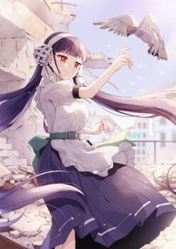 1girl apron belt bird commentary_request hair_bun hair_ornament hairband hazuki_natsu heaven_burns_red highres long_hair low_twintails purple_hair red_eyes ruins satsuki_mari twintails