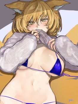 1girl absurdres animal_ears bikini bikini_under_clothes blonde_hair blue_bikini blush breasts breasts_apart clothes_lift commentary_request eneshi fox_ears fox_girl fox_tail grey_sweater highres large_breasts long_sleeves looking_at_viewer navel partial_commentary short_hair signature solo stomach string_bikini sweater sweater_lift swimsuit tail touhou yakumo_ran yellow_eyes