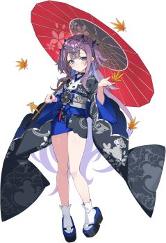 Rule 34 | amakawa mamushi, astral party, blue eyes, blue hair, blue kimono, blush, breasts, highres, holding, holding umbrella, horns, japanese clothes, kimono, non-web source, purple hair, small breasts, umbrella