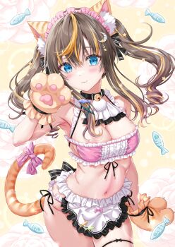 1girl :3 animal_ear_fluff animal_ears animal_hands apron areola_slip armpits bare_shoulders bell bikini black_choker blue_eyes blush bra breasts brown_hair cat_ears cat_paws cat_tail choker cleavage closed_mouth commentary_request cowboy_shot crescent crescent_hair_ornament fang fish flower frilled_bra frills gloves hair_between_eyes hair_ornament hair_ribbon hand_up highres jingle_bell kyariko long_hair looking_at_viewer maid maid_apron maid_bikini maid_headdress medium_breasts multicolored_hair navel orange_hair original panties paw_gloves pink_bikini pink_bra ribbon rose side-tie_panties sidelocks smile solo standing stomach streaked_hair swimsuit tail thigh_strap tiger_ears tiger_girl tiger_tail twintails two-tone_hair unconventional_maid underwear waist_apron