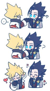 105zz 2boys ? black_gloves black_hair black_scarf blonde_hair blue_eyes blue_necktie blush closed_eyes cloud_strife cloud_strife_(holiday_outfit) coat collared_shirt commentary_request cropped_torso cross_scar facial_scar final_fantasy final_fantasy_vii final_fantasy_vii:_ever_crisis flower fur-trimmed_jacket fur_trim gloves grey_coat hand_on_another&#039;s_chin heart jacket looking_at_another male_focus motion_lines multiple_boys necktie official_alternate_costume open_clothes open_coat open_mouth red_jacket scar scar_on_cheek scar_on_face scarf sequential shirt short_hair simple_background smile spiked_hair upper_body white_background white_shirt yellow_flower zack_fair zack_fair_(holiday_suit)