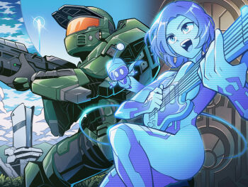 1boy 1girl armor assault_rifle astro_bot astro_bot_(series) blue_eyes blue_hair blue_sky building commentary_request cortana game_console grass guitar gun halo_(series) helmet highres holding holding_guitar holding_instrument holding_weapon hologram instrument master_chief mountain open_mouth pechamaju playstation_5 revision rifle short_hair sky smile teeth upper_teeth_only weapon