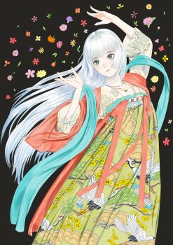 Rule 34 | 1girl, absurdres, arm up, bird, black background, blue eyes, blunt bangs, chinese clothes, chinese commentary, commentary request, crane (animal), dress, floral print, flower, grey background, hagoromo, hanfu, highres, jewelry, long hair, long sleeves, looking at viewer, necklace, orange flower, original, painting (medium), pink flower, print dress, qixiong ruqun, shangguan rushi, shawl, simple background, solo, traditional media, watercolor (medium), white hair, yellow eyes, yellow flower