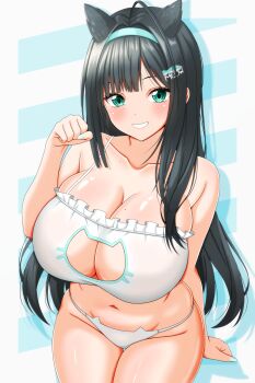 1girl absurdres animal_ears aqua_eyes black_hair blush bra breasts cat_ears cat_lingerie cleavage clenched_hand collarbone commentary_request fish_hair_ornament goddess_of_victory:_nikke grin hair_ornament highres large_breasts long_hair looking_at_viewer mint_(nikke) nabeshiita_(atsuryoku_nabe) panties sidelocks smile standing teeth thighs underwear underwear_only white_background white_bra white_panties