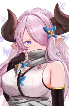1girl adjusting_scarf bare_shoulders black_gloves blue_eyes braid breasts brown_horns bug butterfly cleavage commentary_request draph elbow_gloves gloves granblue_fantasy grey_scarf highres hilda_sakura horns insect large_breasts long_hair looking_at_viewer narmaya_(granblue_fantasy) pink_hair pointy_ears scarf sleeveless solo upper_body white_background