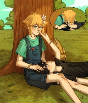 2boys alternate_costume antenna_hair arm_up backpack bag bandaid bandaid_on_finger bandaid_on_hand bandaid_on_knee bandaid_on_leg basil_(faraway)_(omori) basil_(omori) black_eyes black_hair black_overalls black_shirt blonde_hair blue_eyes bracelet brown_bag closed_eyes closed_mouth cloud commentary day double-parted_bangs english_commentary flower flower_bracelet green_shirt hair_between_eyes hair_flower hair_ornament heart highres jewelry kiss krerue lap_pillow looking_at_another lying male_focus multiple_boys omori on_back outdoors overalls shirt short_hair short_sleeves sidelocks sitting something_(omori) sunny_(omori) t-shirt tree unworn_backpack unworn_bag yaoi
