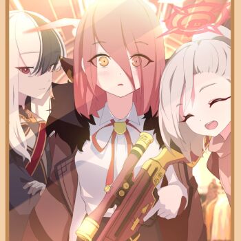 3girls :d ^_^ alternate_costume aru_(blue_archive) black_hair black_jacket blue_archive blush breasts closed_eyes closed_mouth coat colored_bangs commentary_request crossed_arms eyes_visible_through_hair fur-trimmed_coat fur_trim gloves gun hair_between_eyes hair_over_one_eye hair_slicked_back halo holding holding_weapon jacket kat_(kat7605) kayoko_(blue_archive) long_hair looking_at_viewer medium_breasts medium_hair mirror multicolored_hair multiple_girls mutsuki_(blue_archive) open_mouth ponytail red_coat red_eyes red_hair red_ribbon ribbon rifle sash shirt shoulder_sash sidelocks smile sniper_rifle suit_jacket two-tone_hair weapon white_gloves white_hair white_shirt yellow_eyes