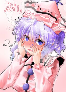 1girl :o @_@ blue_eyes blush commentary_request fingernails frilled_sailor_collar frilled_sleeves frills hat head_steam highres long_sleeves looking_at_viewer merlin_prismriver nail_polish nose_blush oshiaki pink_hat pink_shirt ponytail puff_of_air purple_hair sailor_collar shirt short_hair short_ponytail simple_background solo touhou trembling upper_body