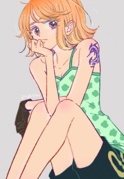 Rule 34 | 1girl, bare legs, bare shoulders, black shorts, brown gloves, camisole, closed mouth, collarbone, commentary request, elbow rest, feet out of frame, gloves, green camisole, grey background, head rest, highres, knees up, looking at viewer, nami (one piece), nem edogawa, official alternate costume, one piece, orange eyes, orange hair, short hair, shorts, shoulder tattoo, signature, single glove, single sidelock, sitting, solo, tattoo