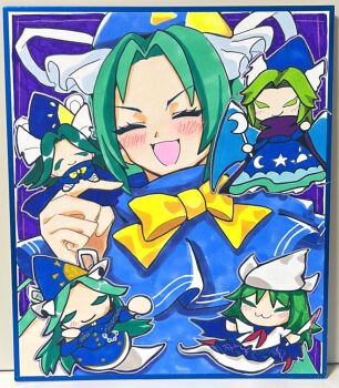 Rule 34 | 1girl, blood, bloody knife, blue capelet, blue hat, bow, bowtie, capelet, crescent, dress, ghost tail, green hair, hashtag-only commentary, hat, highly responsive to prayers, holding, holding knife, knife, liliecstyle, long hair, long sleeves, mima (touhou), open mouth, school uniform, serafuku, skirt, smile, staff, story of eastern wonderland, sun print, sun symbol, touhou, touhou (pc-98), traditional media, wizard hat, yellow bow, yellow bowtie