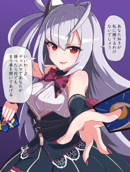 1girl antenna_hair between_fingers black_skirt bow card card_between_fingers commentary_request commission duel_masters duel_masters_play's eighth_note grey_hair holding holding_card ka-9 long_hair luca_(duel_masters) musical_note nail_polish one_side_up open_mouth purple_background red_bow red_eyes red_nails red_trim shirt shirt_bow skeb_commission skirt solo speech_bubble translation_request upper_body white_shirt