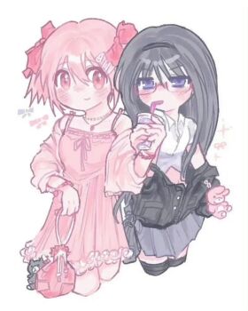 2girls akemi_homura alternate_costume animal_charm bag bag_charm bead_bracelet bead_choker beads black_hairband black_jacket black_thighhighs blush bow bracelet buttons cat_charm charm_(object) closed_mouth collarbone collared_jacket collared_shirt cropped_torso cup disposable_cup dot_nose dress drink drinking drinking_straw fashion frilled_dress frills glasses grey_hair hair_between_eyes hair_bow hair_ornament hairband hairclip handbag holding holding_bag holding_drink jacket jacket_partially_removed jewelry kaname_madoka kerimka31328031 lapels long_hair long_sleeves looking_at_another mahou_shoujo_madoka_magica mahou_shoujo_madoka_magica_(anime) midriff miniskirt multiple_girls navel necktie notched_lapels open_clothes open_jacket pink_bag pink_bow pink_dress pink_eyes pink_hair pink_jacket pleated_dress pleated_skirt purple_eyes purple_skirt rabbit_charm red-framed_eyewear sharing shirt short_dress short_hair short_sleeves short_twintails sidelocks simple_background skirt sleeveless sleeveless_dress smile spaghetti_strap sparkle square_neckline straight_hair tareme thighhighs third-party_source tsurime twintails v-shaped_eyebrows white_background white_shirt