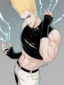 1boy abs beiqi0405 belt black_belt black_collar black_gloves black_shirt blonde_hair blue_eyes cleavage_cutout clothing_cutout collar crop_top earrings electricity electrokinesis fingerless_gloves gloves grey_background grin halterneck highres jewelry long_hair looking_at_viewer male_focus muscular muscular_male nikaidou_benimaru pants pectoral_cleavage pectorals shirt simple_background smile solo the_king_of_fighters white_pants