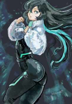 1girl black_bodysuit black_hair blue_hair bodysuit breasts closed_mouth commentary dated eyelashes gundam gundam_build_divers gundam_build_divers_re:rise hair_between_eyes highres jacket large_breasts long_hair may_(gundam_build_divers_re:rise) multicolored_hair okrdisk2000 open_clothes open_jacket pink_lips solo streaked_hair two-tone_hair white_jacket