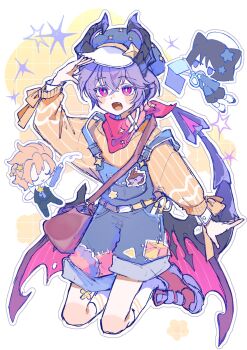 3boys arm_up bandaid bandaid_on_leg black_hair blue_hat blue_overalls blush_stickers chibi closed_eyes closed_mouth commentary_request crossed_bangs double-parted_bangs dragon_boy dragon_horns dragon_tail durin_(genshin_impact) fang full_body genshin_impact grid_background hair_between_eyes hat highres holding holding_pencil holding_scissors horns jitome kingyo_(nyankomanjyuu15) layered_sleeves long_sleeves male_focus multiple_boys open_mouth orange_eyes outline overall_shorts overalls pencil pink_eyes purple_hair red_shoes scaramouche_(genshin_impact) scissors shoes short_hair smile sneakers socks star_(symbol) striped_clothes striped_socks striped_sweater sweater tail tartaglia_(genshin_impact) white_outline white_socks yellow_background yellow_sweater