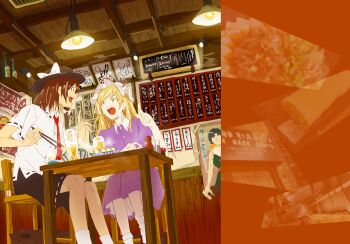 2girls absurdres alcohol arm_rest beer black_hat black_skirt blonde_hair bow brown_eyes brown_hair buttons chair chopsticks collared_dress collared_shirt commentary_request contrast_collar dress drink fishing39 food food_request frilled_dress frills hair_bow hanging_light hat hat_bow hat_ribbon highres holding holding_chopsticks indoors maribel_hearn mob_cap multiple_girls necktie open_mouth poster_(object) purple_dress red_necktie red_ribbon restaurant ribbon ribbon-trimmed_collar ribbon-trimmed_shirt ribbon-trimmed_skirt ribbon_trim shirt sitting skirt socks table teeth touhou translation_request upper_teeth_only usami_renko white_hat white_shirt white_socks yellow_eyes