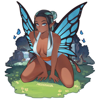 1girl black_hair blue_eyes blue_hair breasts dark-skinned_female dark_skin earrings fairy_wings feebas gen_3_pokemon hair_bun hoop_earrings jewelry leotard long_hair looking_at_viewer meziosaur milotic multicolored_hair nessa_(pokemon) nintendo pokemon pokemon_(creature) pokemon_swsh single_hair_bun solo two-tone_hair wings