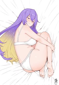 Rule 34 | 1girl, armpit crease, artist name, ass, barefoot, bed sheet, belly, blonde hair, blush, bra, breasts, closed mouth, corrupted twitter file, covered erect nipples, earrings, feet, from above, full body, gradient hair, hair between eyes, highres, hololive, hololive indonesia, hugging own legs, jewelry, knees up, kurodai711, lace, lace-trimmed bra, lace trim, large breasts, legs, long hair, looking at viewer, lying, moona hoshinova, multicolored hair, on side, panties, purple eyes, purple hair, smile, soles, solo, thighs, toes, underwear, underwear only, variant set, very long hair, virtual youtuber, white bra, white panties