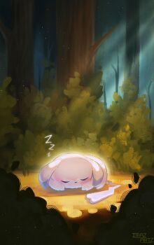 Rule 34 | absurdres, alternate color, alternate form, closed eyes, full body, gen 1 pokemon, highres, imazartz, nintendo, no humans, outdoors, peakychu, pikachu, pokemon, pokemon (creature), pokemon focus, pokemon pokopia, sleeping, solo, sunlight, tail, tree, zzz